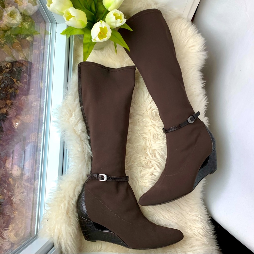 Donald J.Pliner Brown Stretch Gator Buckle Boots